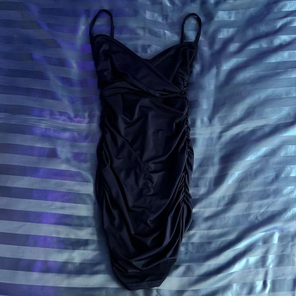 Small navy blue mini dress with ruching